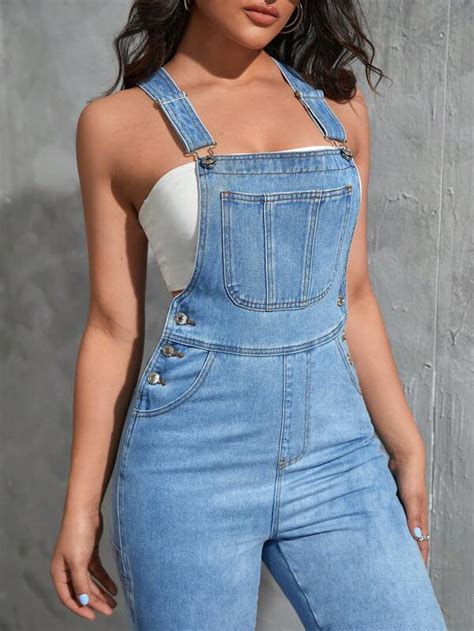 SHEIN EZwear Slant Pocket Denim Overalls Without Tube Top SHEIN USA