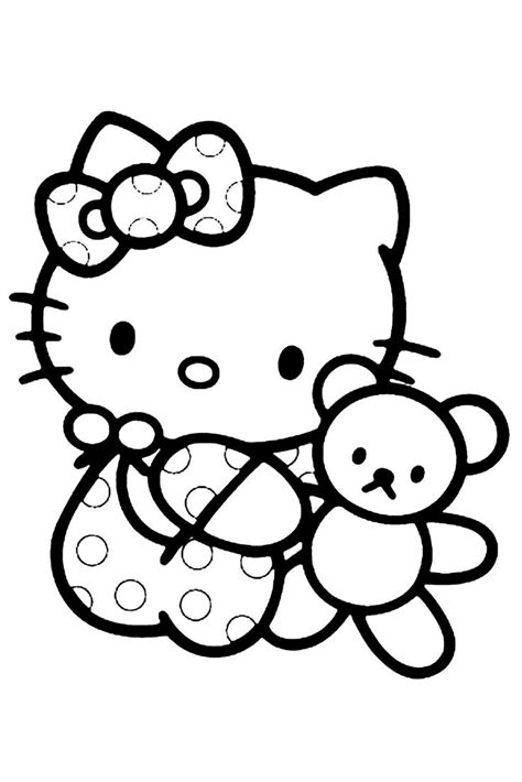 A hello kitty coloring page with an image of a teddy bear holding a stuffed animal