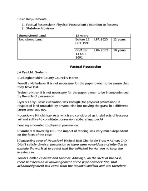 Adverse Possession Summary Basic Requirements Factual Possession