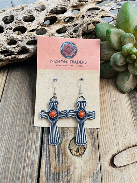 Navajo Coral Sterling Silver Cross Dangle Earrings Gem