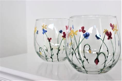 Wild Flowers Hand Painted Stemless Wine Glasses Painted Wild Etsy