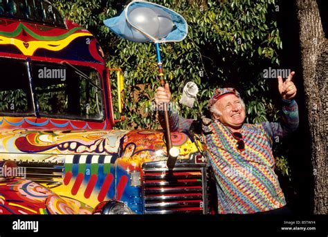 The Late Ken Kesey With A Replica Of The Merry Pranksters Bus Stock