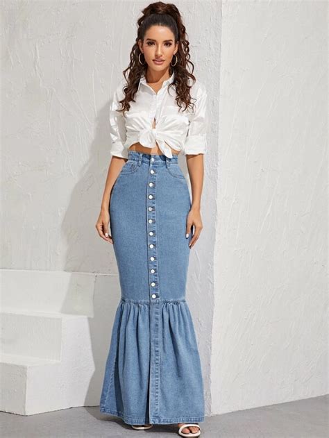 Button Up Denim Mermaid Maxi Skirt Maxi Skirt Outfits Denim Skirt