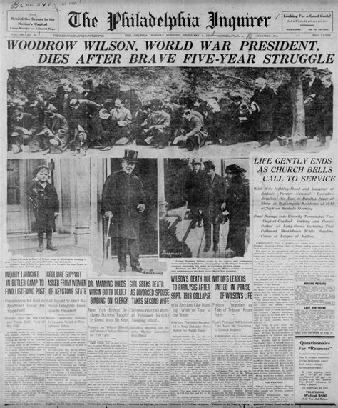 Woodrow Wilson Dies 1856 1924 Philadelphia Inquirer Historical