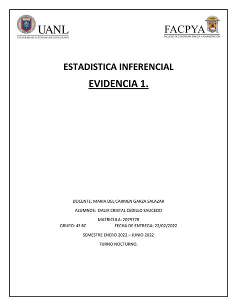 Evidencia 1 ESTADISTICA INFERENCIAL EVIDENCIA 1 DOCENTE MARIA DEL