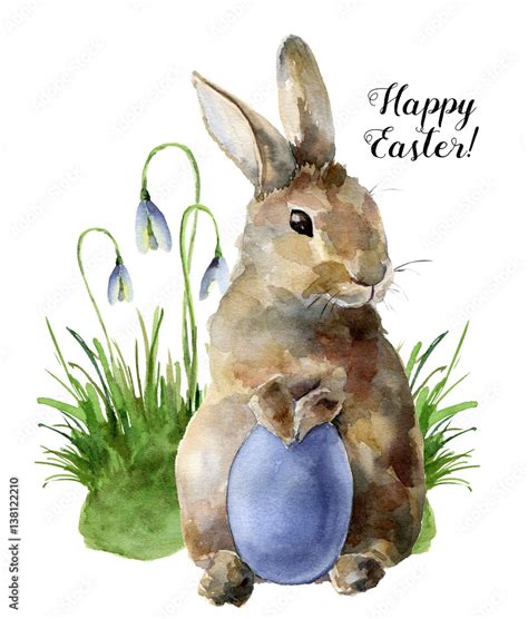 Watercolor Easter Card With Bunny Snowdrops And Colored Egg Hand