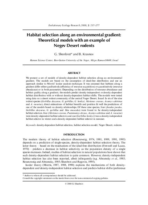 (PDF) Habitat selection along an environmental gradient: Theoretical models with an example of ...