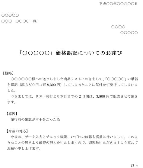 お詫び状（価格誤記）の書式テンプレート（word・ワード） テンプレート・フリーbiz