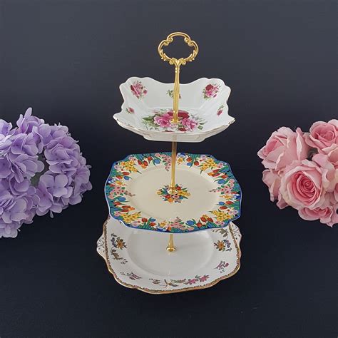 3 Tier Cake Stand Mismatched China Birds And Flowers Upcycled Vintage Plates Afternoon Tea