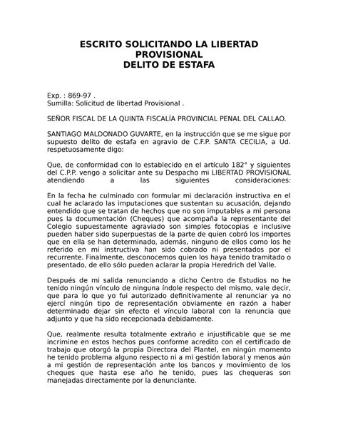 Escrito Solicitando LA Libertad Provisional Delito DE Estafa