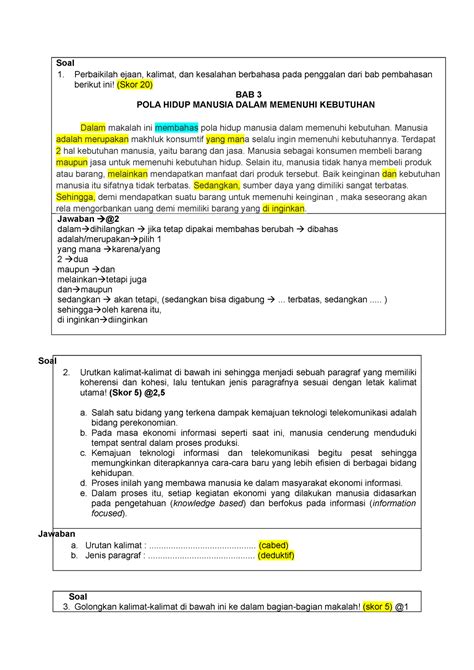 Latihan 1 Bahasa Indonesia Soal 1 Perbaikilah Ejaan Kalimat Dan