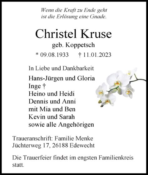 Traueranzeigen Von Christel Kruse Nordwest Trauer De