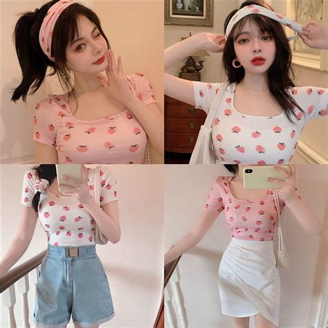 Ready Stock Women Sexy Scoop Neck Tops Strawberry Print Short Sleeve