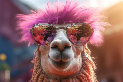 Premium AI Image A Llama Wearing Sunglasses And A Purple Wig