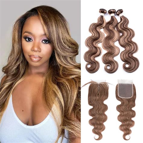 P4 27 Body Wave Human Hair Bundles With Closure Brazilian Hair Body