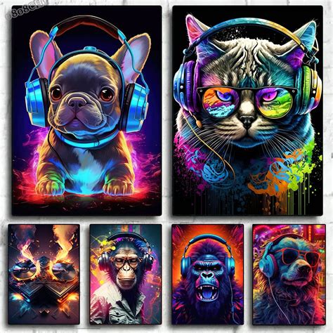 Animal Monkey Cat Dog Headphone Dj Music Poster Canvas Print Painting