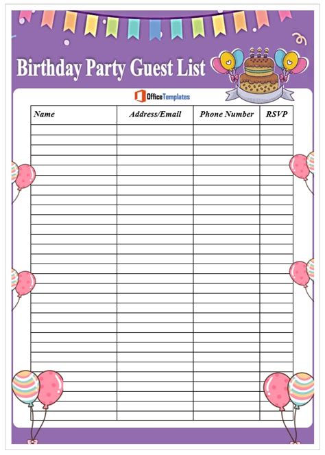 Birthday Party Guest List Templates Office Templates