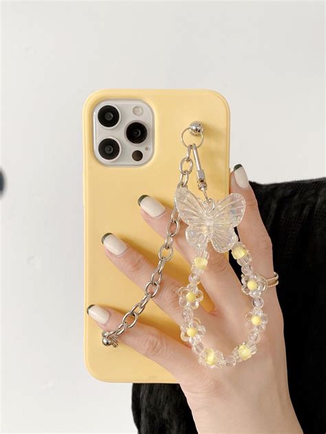 Solid Phone Case With Butterfly Decor Hand Strap Cases Para Celular