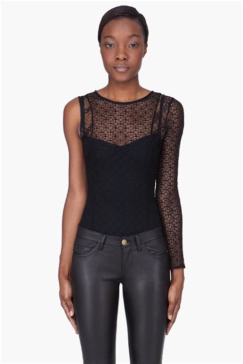 Lyst Versus Sheer Black Lace One Sleeve Bodysuit In Black