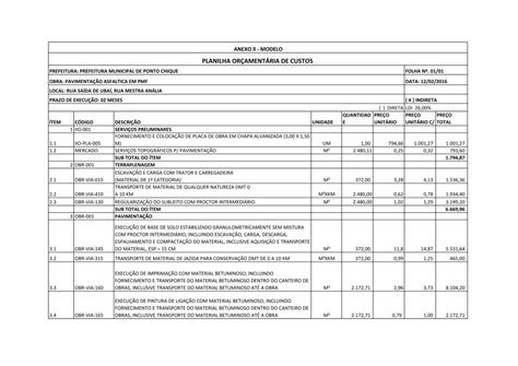 PDF PLANILHA ORÇAMENTÁRIA DE CUSTOS pavimentaÇÃo anexo ll