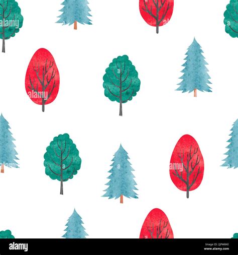 Watercolor Trees Seamless Pattern Vector Background With Abstract