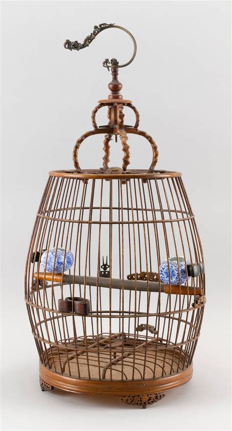 Chinese Bamboo Birdcage Cage With Plaques And Feet Carved Wi