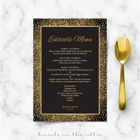 Black And Gold Wedding Menu Template Wedding Printables Hands In