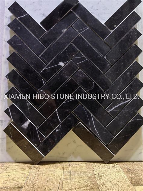 Nero Marquina Black Marble 1X4 Inch Herringbone Chevron Interior Floor