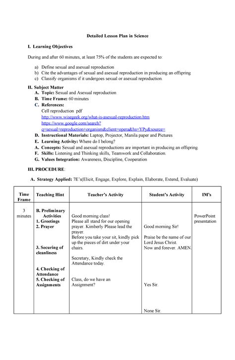 Se 1 Asexual And Sexual Relationship Detailed Lesson Plan In Science I Learning Objectives