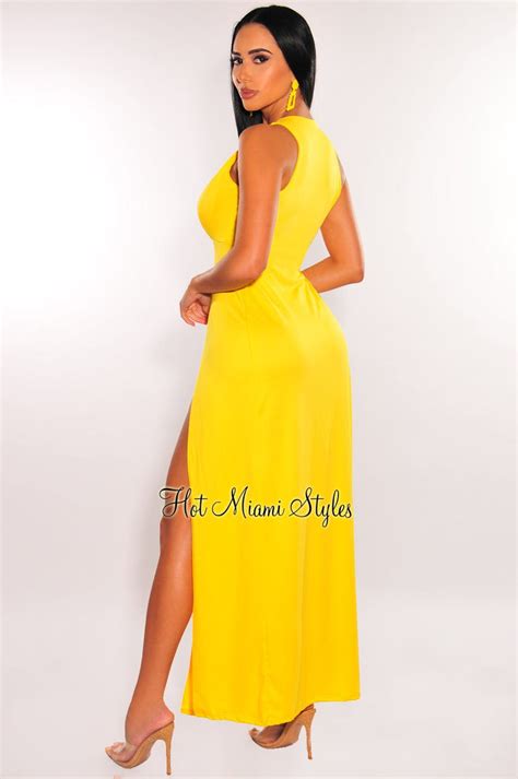 Yellow Sleeveless V Neck Double Slit Cover Up Maxi Dress Hot Miami Styles