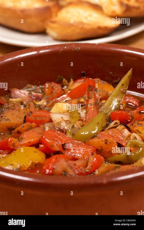 Traditional Spanish Vegetable Stew Pisto Served In A Clay Pot Stock