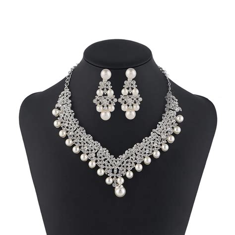 Two Piece Wedding Jewelry Set Pearl Rhinestone Bridal Necklace Earring