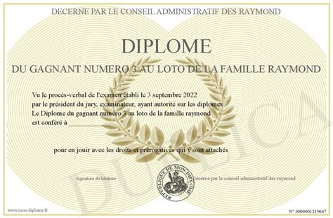 Diplome Du Gagnant Numero 3 Au Loto De La Famille Raymond