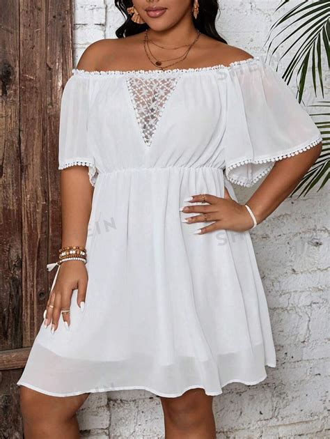 Shein Vcay Plus Size Womens Sexy Lace Patchwork Off Shoulder Dress