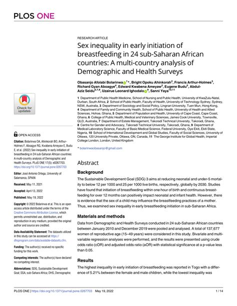 Pdf Sex Inequality In Early Initiation Of Breastfeeding In 24 Sub