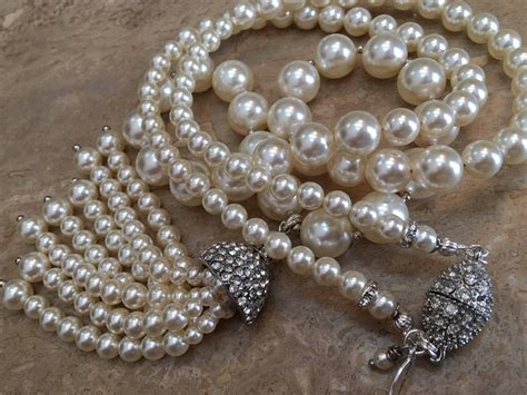 Long Pearl Necklace With Silver Rhinestone Tassel Flapper Etsy Long Pearl Necklaces Pearl