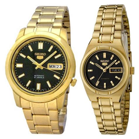 Seiko 5 Classic Black Dial Couples Gold Plated Stainless Steel Watch Set Snkk22k1sym602k1