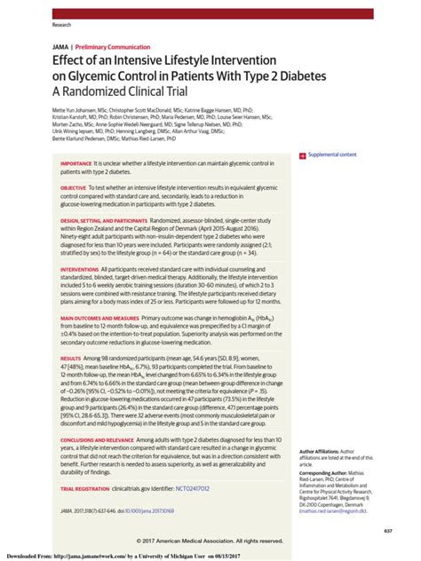 Effect Of An Intensive Lifestyle Intervention On Glycemic Control In Patients With Type 2