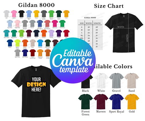 Editable Gildan 8000 Color Chart And Size Chart Canva Template G800 Color Chart Template 8000