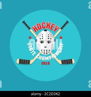 Ice Hockey Emblem With Goalkeeper Helmet And Crossed Hockey Sticks