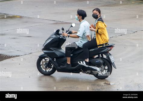 Samut Prakan Thailand Sep The Pair Rides On Motorcycle At