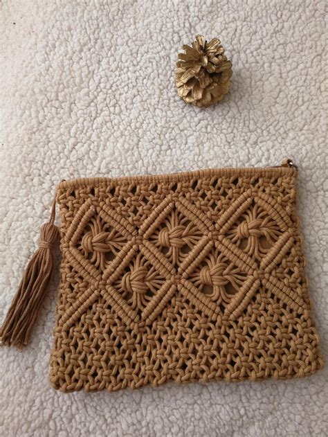 Handmade Macrame Tan Clutch Bag Boho Bronze Macrame Etsy