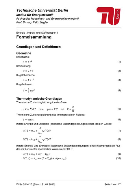 Formelsammlung Zur Klausur Technische Berlin Institut Energietechnik