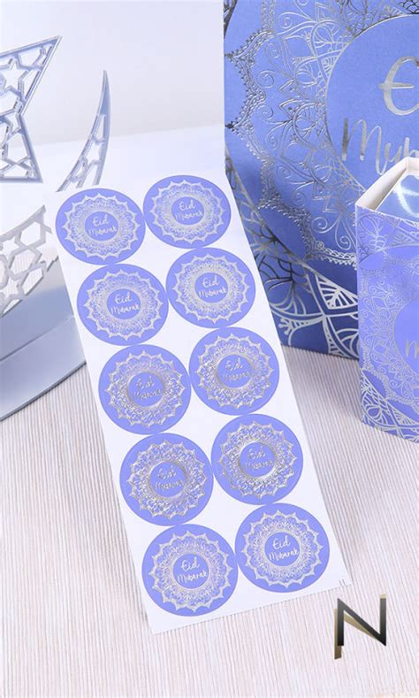 10 stickers Eid Mubarak design bleu nuit et argent 4cm de diamètre