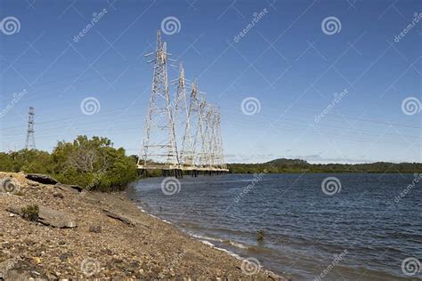 Huge Pylons Carrying Power Lines From Gladstone Power Station Stock