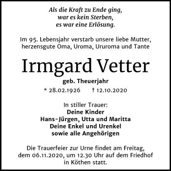 Traueranzeigen Von Irmgard Vetter Abschied Nehmen De