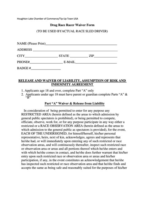 Drag Race Racer Waiver Form Houghton Lake Printable Pdf Download