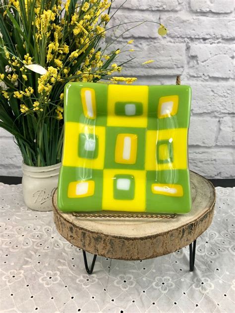 Fused Glass Bent Tray Retro Green And Chartreuse With Square Designs Glass Dish Ebay