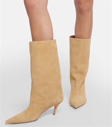 Fiona Suede Knee High Boots In Beige Amina Muaddi Mytheresa