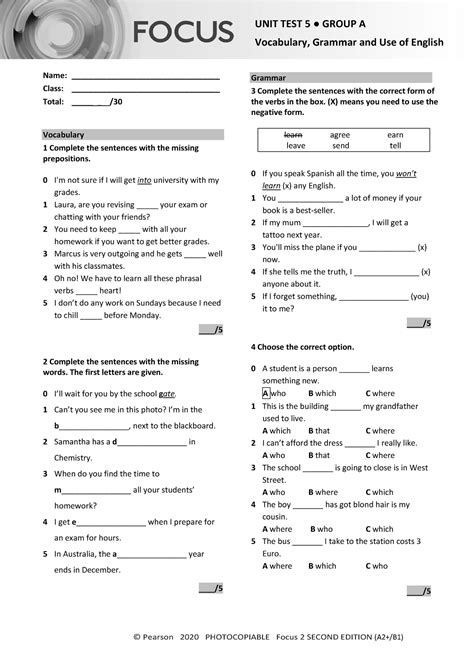 Focus E Unit Test Vocabulary Grammar Uo E Unit Group A Pearson